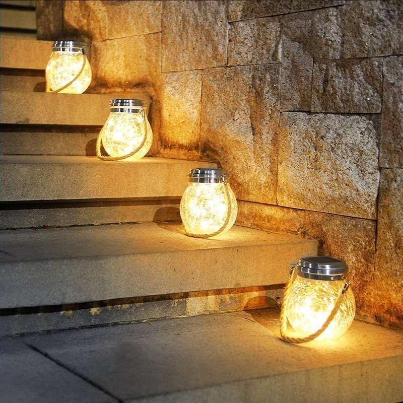 Solar Mason Jar Lamp with Cracked Glass and Hemp Rope Warm LED Outdoor Solar Light Waterproof