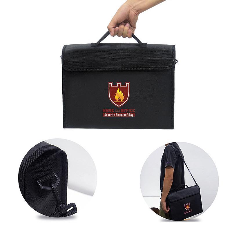 Fireproof Waterproof Document Bag Fiberglass Heat Resistant Fire Safe Storage 38x28x7.5 cm Black