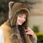 Faux Fur Raccoon Tail Plush Winter Hat with Pom Pom Balls Warm Ski Trapper Hat for Adults and Kids