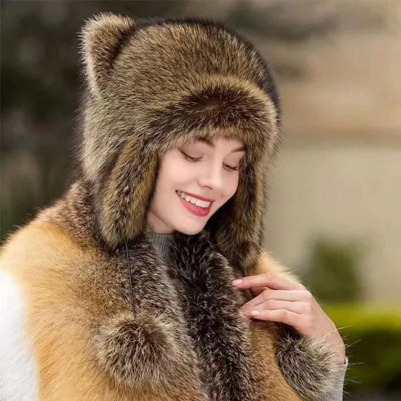 Faux Fur Raccoon Tail Plush Winter Hat with Pom Pom Balls Warm Ski Trapper Hat for Adults and Kids