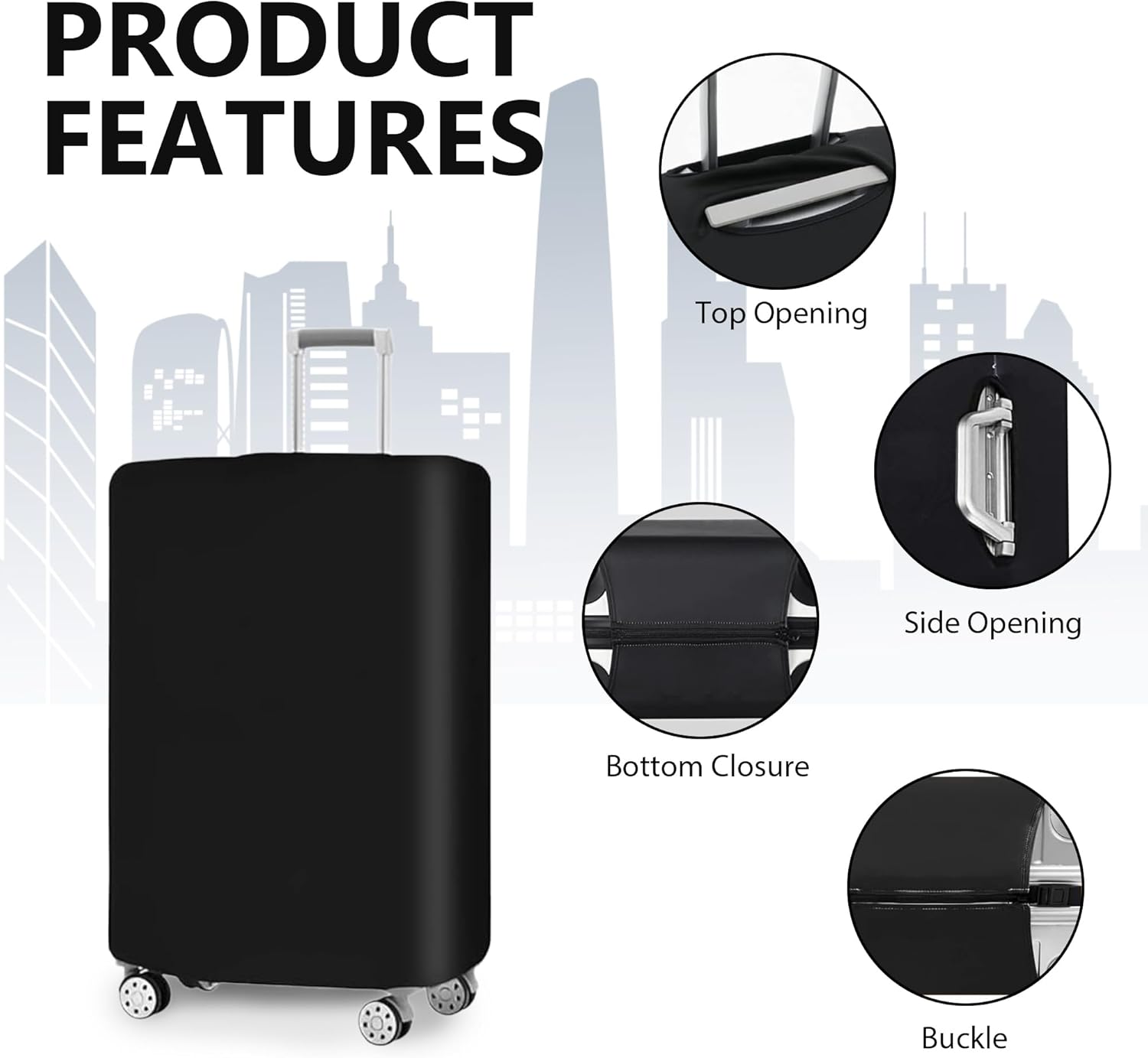 3-Piece Stretchable Luggage Cover Set Polyester Spandex Anti-Tear Dustproof Fits Small Medium Large Suitcases Black