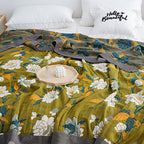 Olive Flower Printed Cotton Quilt Double-Sided Boho Bedroom Throw Blanket Full Queen King