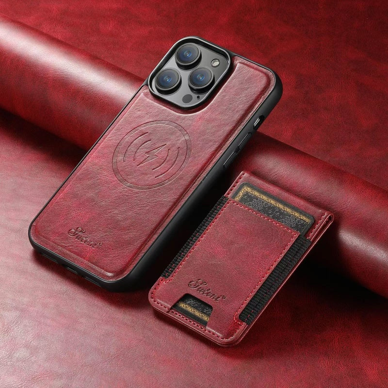 Leather iPhone Case with Card Slot, Stand, and MagSafe Wireless Charging Slim Design