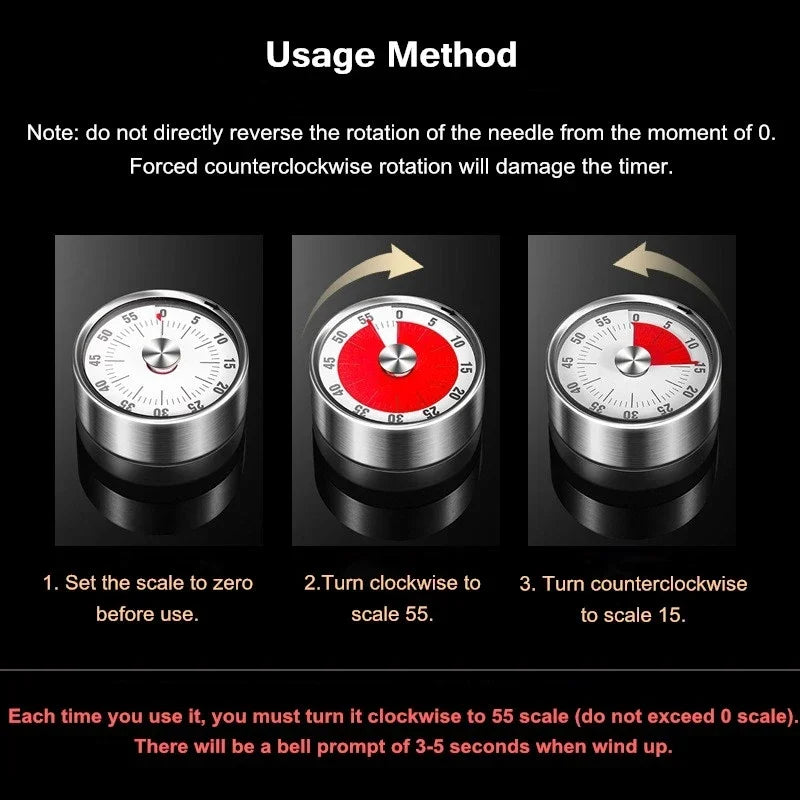 Magnetic Mechanical Kitchen Timer 59-Minute Manual Timer with Red Dial and Metal Case