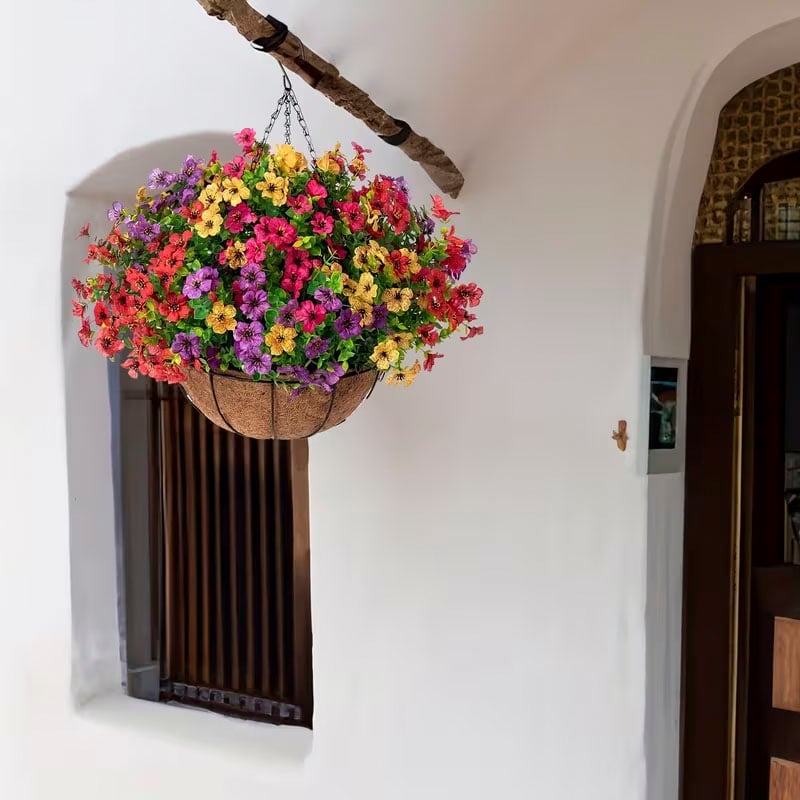 EterniBloom Artificial Hanging Flower Basket with 12 Silk Flowers Weatherproof UV-Resistant Decor