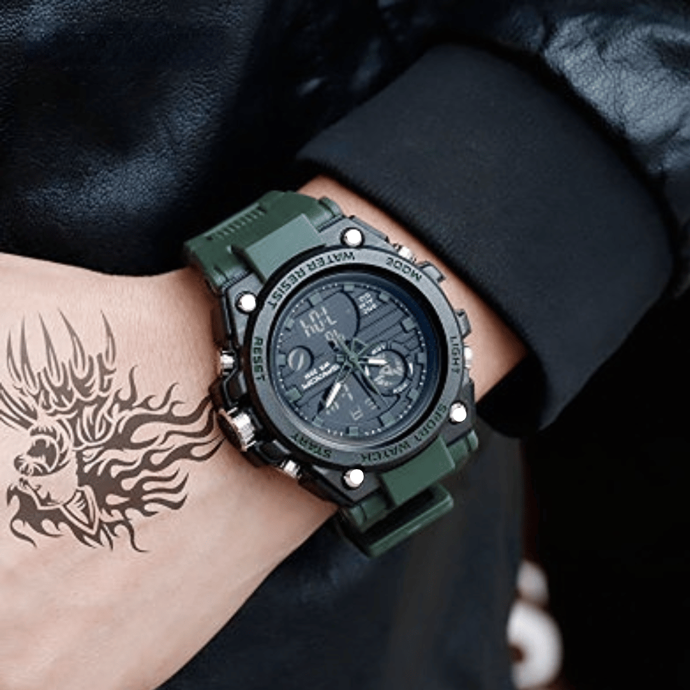 Men's Waterproof Dual-Display Sport Watch with Luminous Dial and Resin Strap