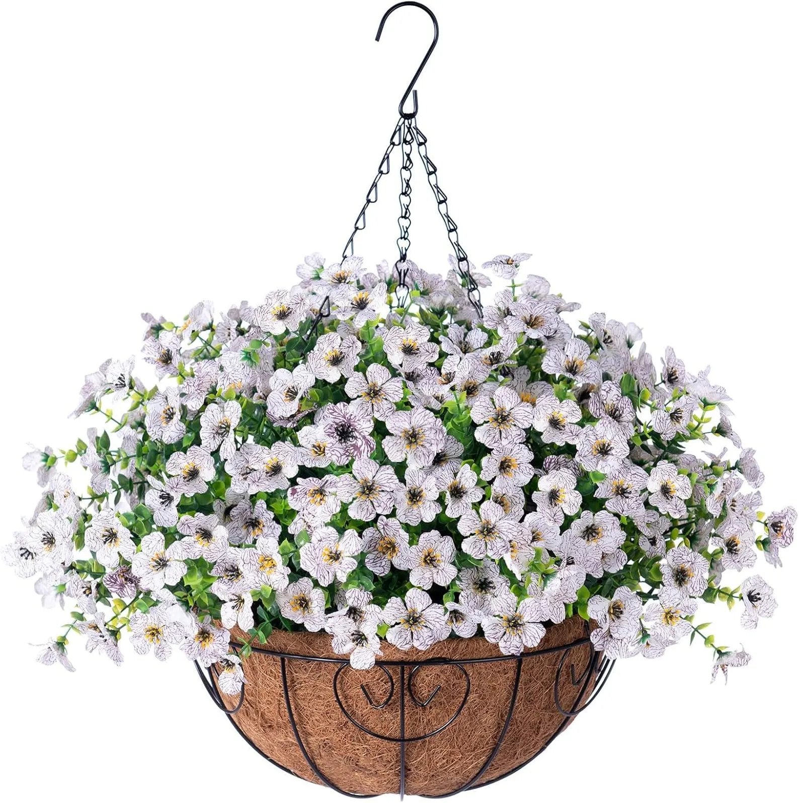 EterniBloom Artificial Hanging Flower Basket with 12 Silk Flowers Weatherproof UV-Resistant Decor