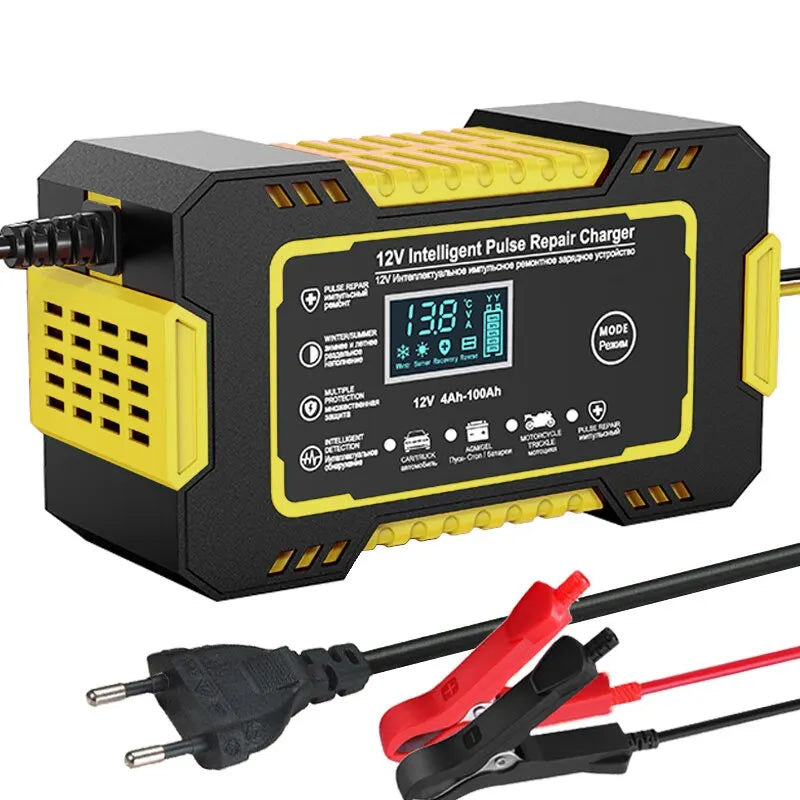 12V 6A Smart Car Battery Charger with Pulse Repair LCD Display Fast Charging for AGM Gel Lead-Acid Batteries