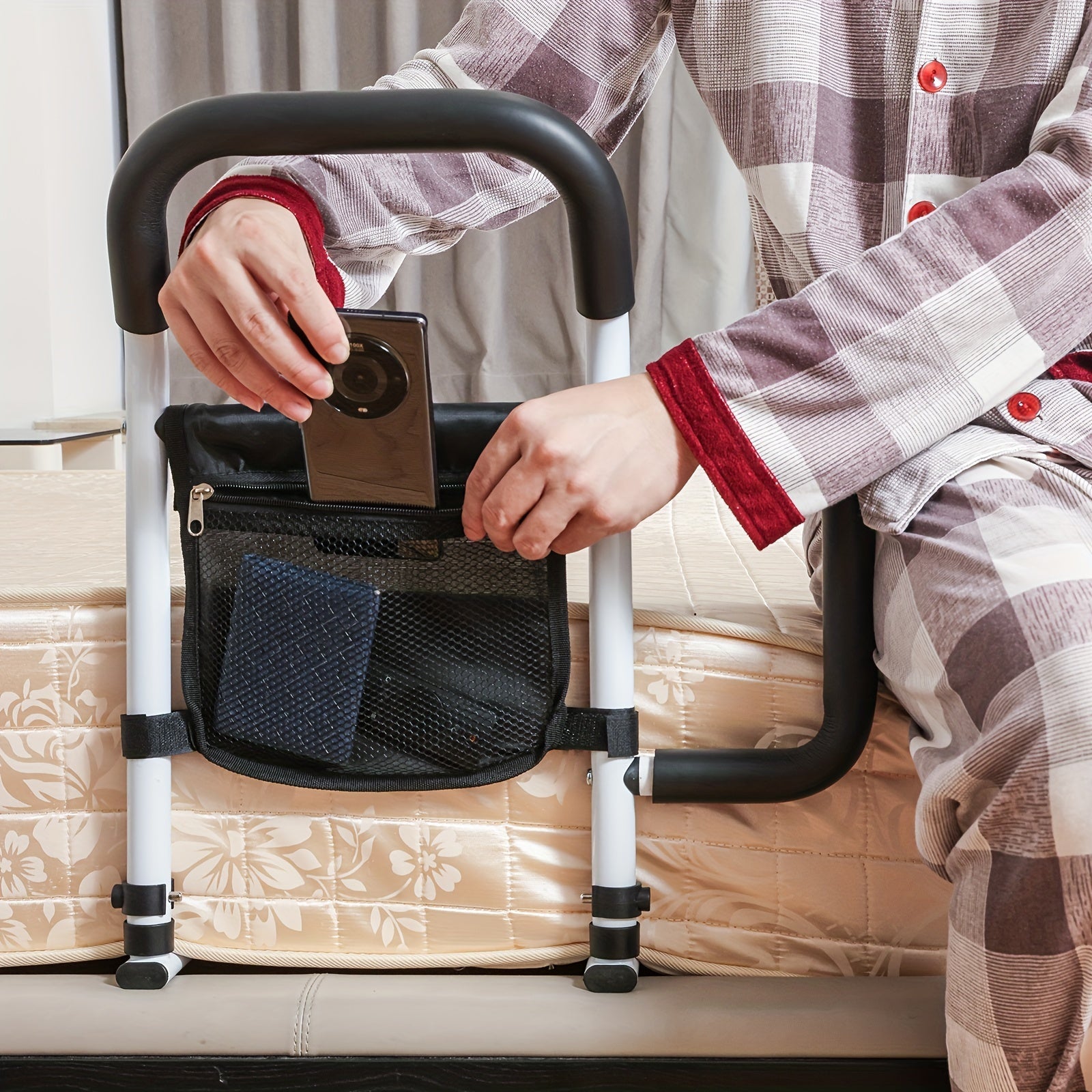 Bed Assist Handle with Dual Grip Metal Frame and Storage Bag for Twin to King Beds