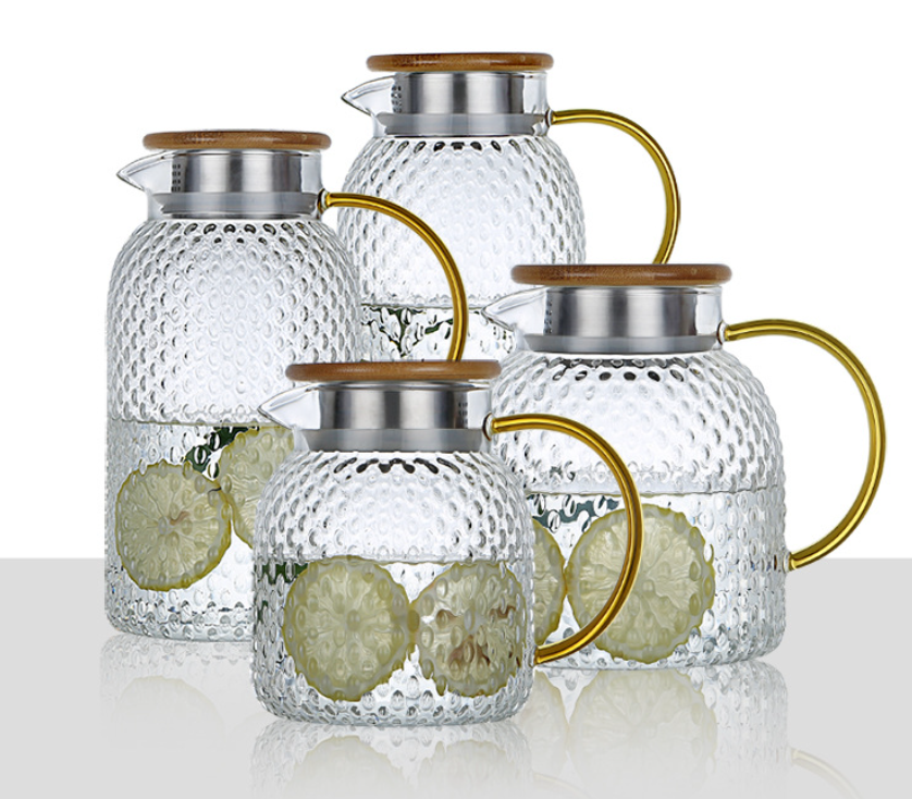 Heatable Borosilicate Glass Water Pitcher with Rice Grain Texture and Bamboo Lid, 1000-1900ml