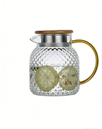 Heatable Borosilicate Glass Water Pitcher with Rice Grain Texture and Bamboo Lid, 1000-1900ml