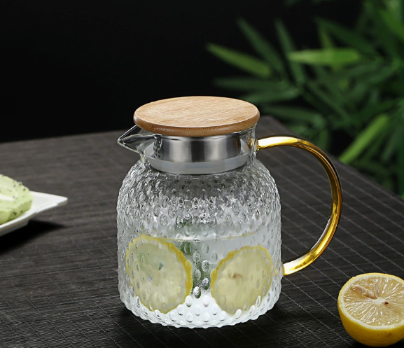 Heatable Borosilicate Glass Water Pitcher with Rice Grain Texture and Bamboo Lid, 1000-1900ml