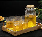Heatable Borosilicate Glass Water Pitcher with Rice Grain Texture and Bamboo Lid, 1000-1900ml