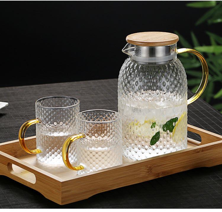 Heatable Borosilicate Glass Water Pitcher with Rice Grain Texture and Bamboo Lid, 1000-1900ml