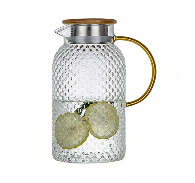Heatable Borosilicate Glass Water Pitcher with Rice Grain Texture and Bamboo Lid, 1000-1900ml