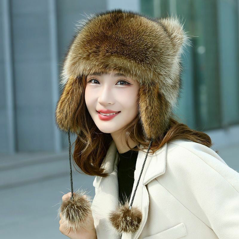 Faux Fur Raccoon Tail Plush Winter Hat with Pom Pom Balls Warm Ski Trapper Hat for Adults and Kids