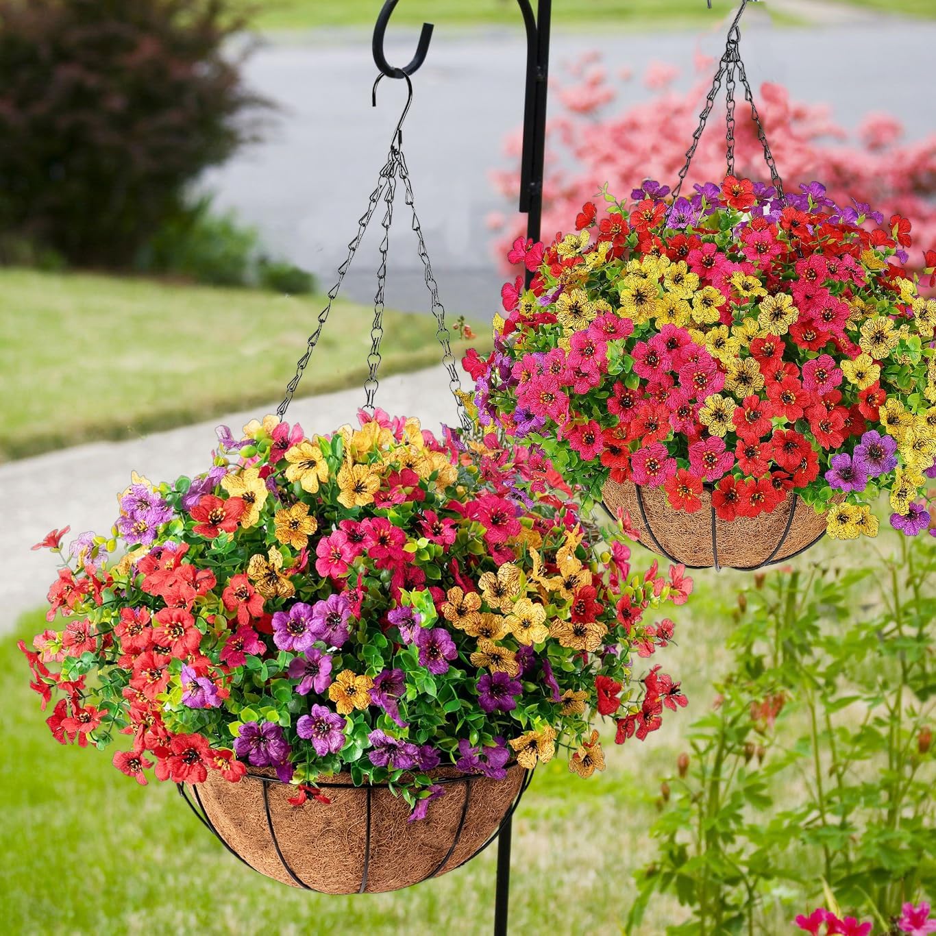 EterniBloom Artificial Hanging Flower Basket with 12 Silk Flowers Weatherproof UV-Resistant Decor