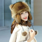 Faux Fur Raccoon Tail Plush Winter Hat with Pom Pom Balls Warm Ski Trapper Hat for Adults and Kids