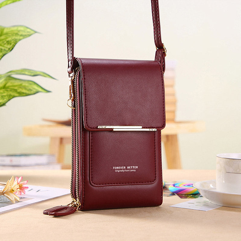 Anti-Theft Leather Crossbody Bag with RFID Protection and Touchscreen Phone Compartment Compact Shoulder Bag for Women