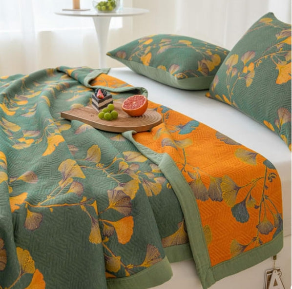 Reversible Jacquard Cotton Quilt Soft Cozy Ginkgo Pattern Two-Sided Design