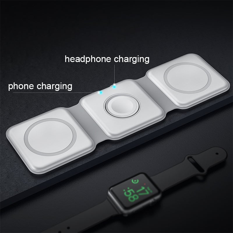 Foldable 3-in-1 Wireless Charger 15W Fast Charging for Phone AirPods Apple Watch Black White