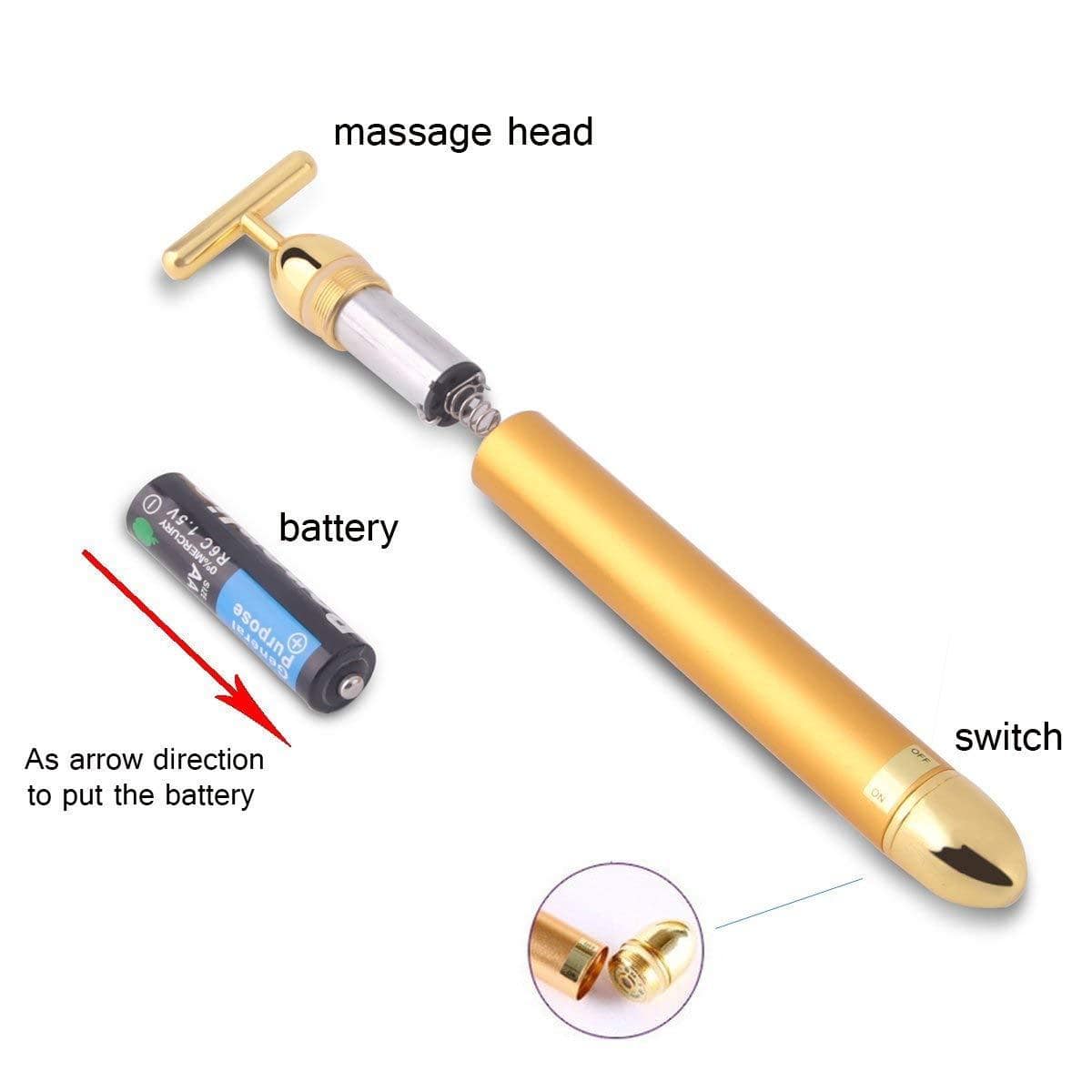 Facial T-Bar Gold Massager Vibrating Skin Roller for Face and Neck with Geranium Plated Metal