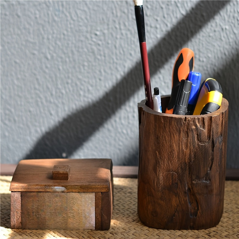 Handmade Wooden Pen Holder Natural Solid Wood Desk Organizer Rustic Office Accessory