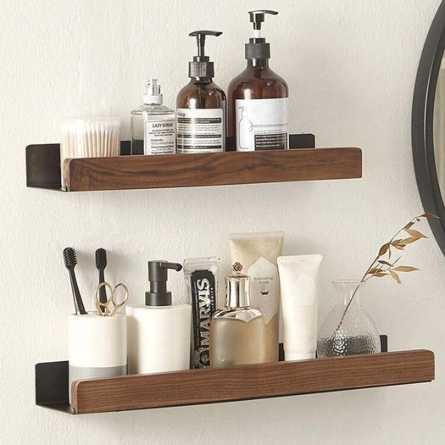 Solid Wood Bathroom Organizer Shelf Drill-Free Adhesive Mount Storage Rack