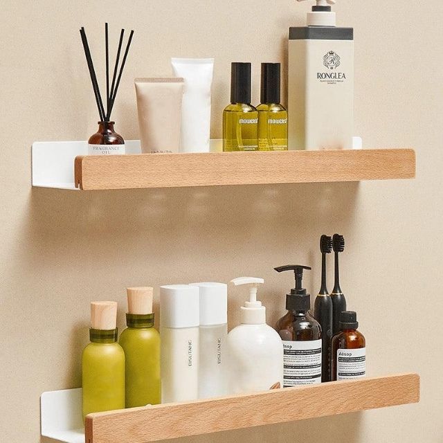 Harrow Solid Wood Bathroom Organizer Shelves No Drill Adhesive Wall Mounted Rustic