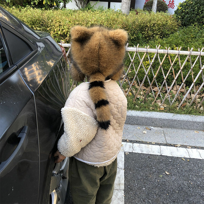 Faux Fur Raccoon Tail Plush Winter Hat with Pom Pom Balls Warm Ski Trapper Hat for Adults and Kids