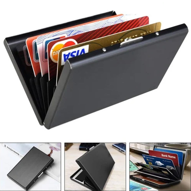Ultra-Thin Stainless Steel Card Case with RFID Theft and Demagnetization Protection, Holds 6 Cards