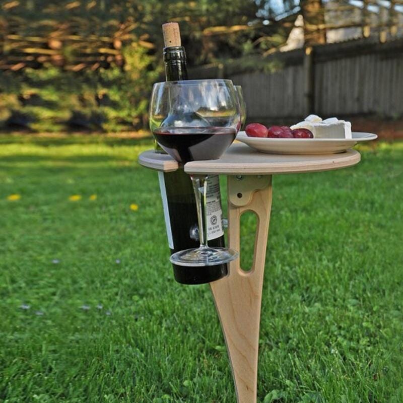 Foldable Outdoor Wine Table Birch Wood Compact Portable Picnic Snack Holder