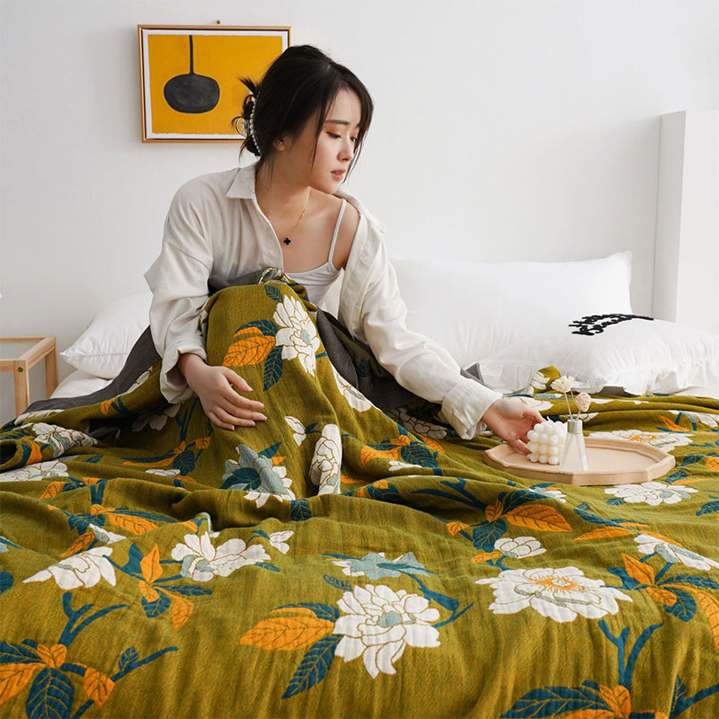 Olive Flower Printed Cotton Quilt Double-Sided Boho Bedroom Throw Blanket Full Queen King