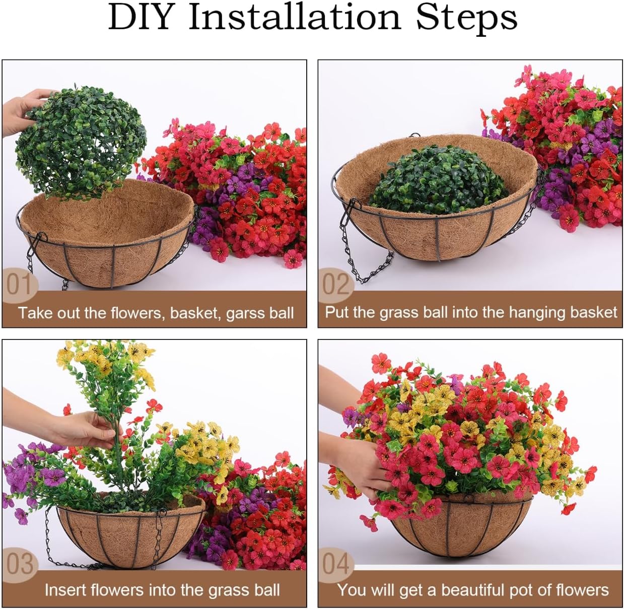 EterniBloom Artificial Hanging Flower Basket with 12 Silk Flowers Weatherproof UV-Resistant Decor