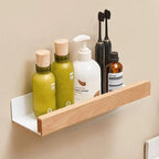 Solid Wood Bathroom Organizer Shelf Drill-Free Adhesive Mount Storage Rack