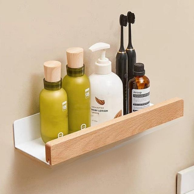 Solid Wood Bathroom Organizer Shelf Drill-Free Adhesive Mount Storage Rack