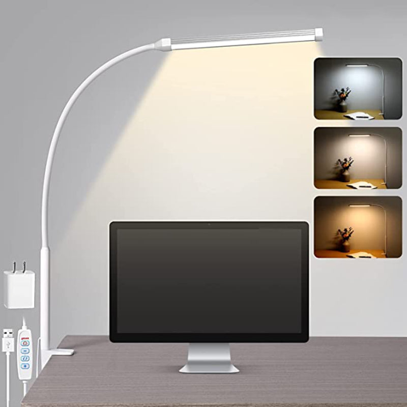 LED Desk Lamp with Flexible Gooseneck, 3 Light Modes, 10 Brightness Levels, Eye-Friendly Clip-On Metal Desk Lamp with USB Adapter, White