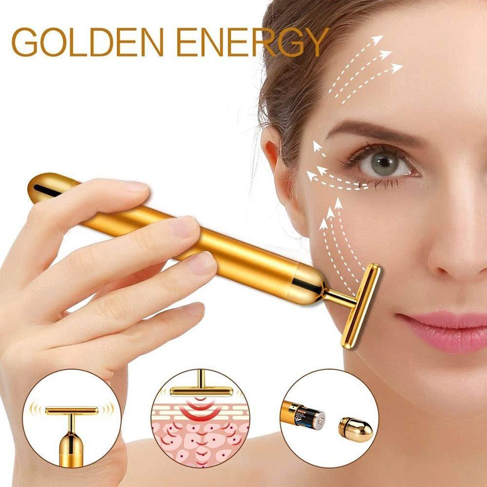 Facial T-Bar Gold Massager Vibrating Skin Roller for Face and Neck with Geranium Plated Metal