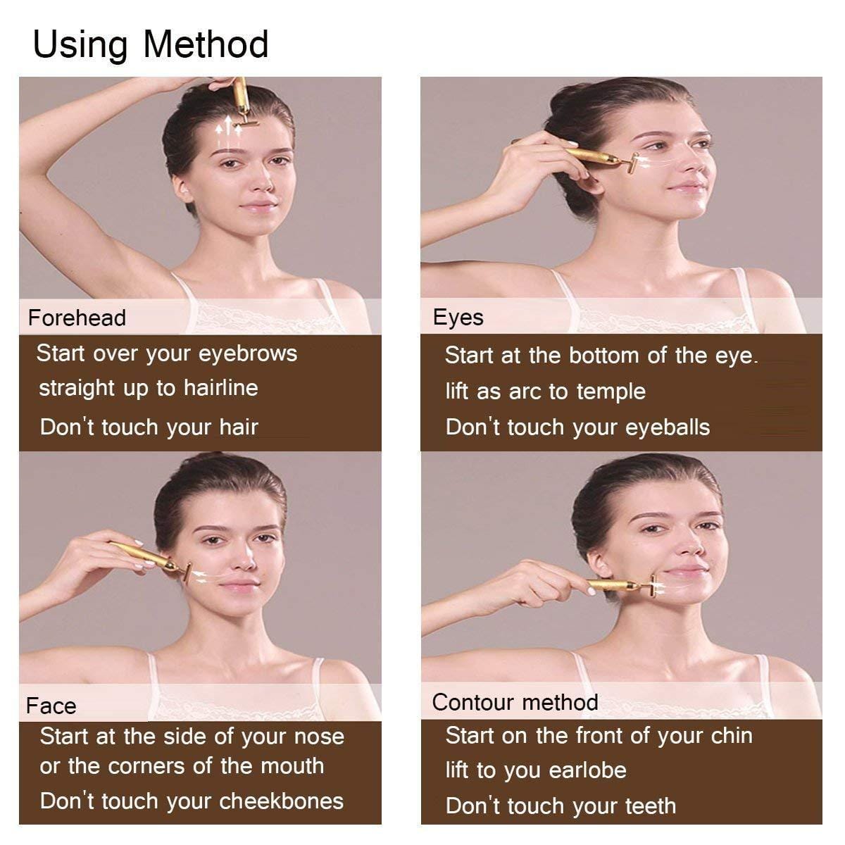 Facial T-Bar Gold Massager Vibrating Skin Roller for Face and Neck with Geranium Plated Metal
