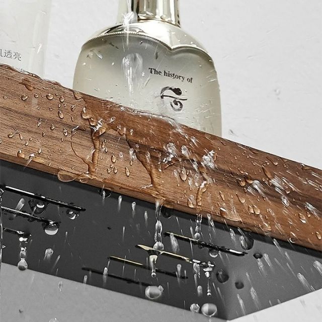 Solid Wood Bathroom Organizer Shelf Drill-Free Adhesive Mount Storage Rack