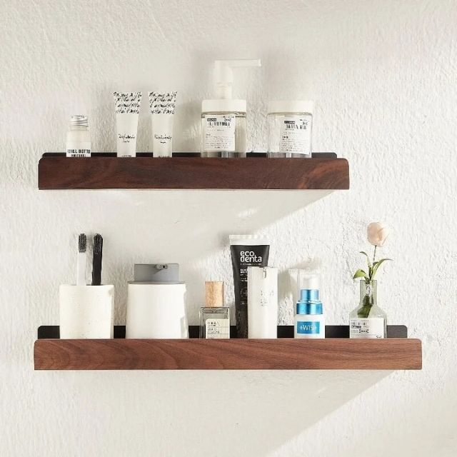 Solid Wood Bathroom Organizer Shelf Drill-Free Adhesive Mount Storage Rack