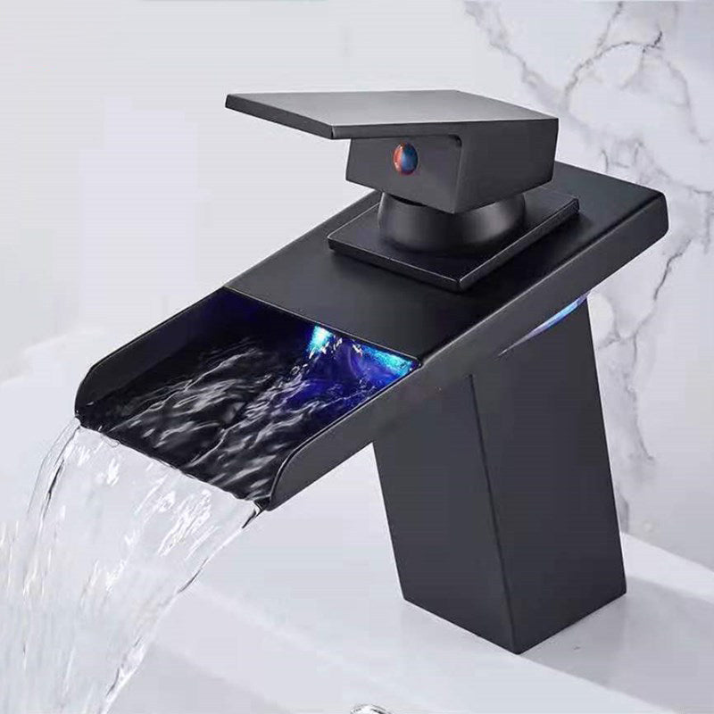 Single-Handle Bathroom Sink Faucet Black Chrome Stainless Steel LED Light 1-Hole Modern Basin Faucet