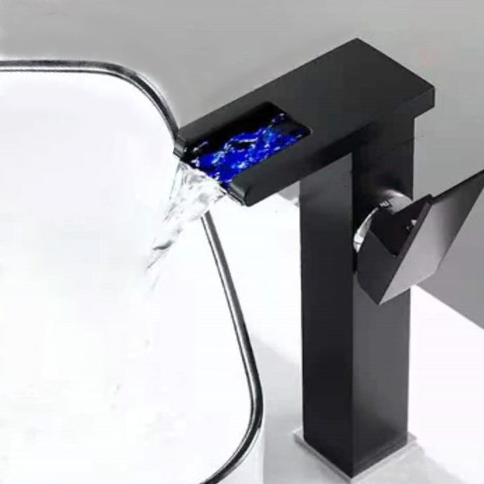 Single-Handle Bathroom Sink Faucet Black Chrome Stainless Steel LED Light 1-Hole Modern Basin Faucet