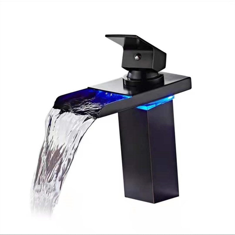 Single-Handle Bathroom Sink Faucet Black Chrome Stainless Steel LED Light 1-Hole Modern Basin Faucet