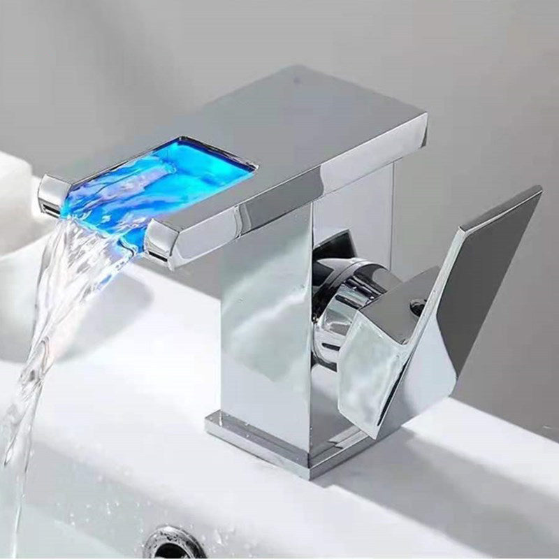 Single-Handle Bathroom Sink Faucet Black Chrome Stainless Steel LED Light 1-Hole Modern Basin Faucet