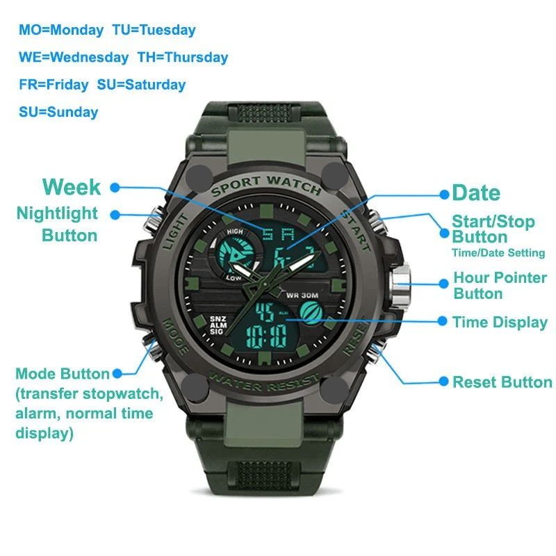 Men's Waterproof Dual-Display Sport Watch with Luminous Dial and Resin Strap