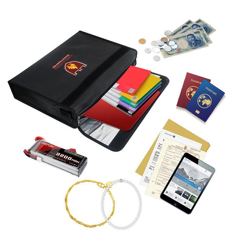 Fireproof Waterproof Document Bag Fiberglass Heat Resistant Fire Safe Storage 38x28x7.5 cm Black