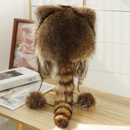 Faux Fur Raccoon Tail Plush Winter Hat with Pom Pom Balls Warm Ski Trapper Hat for Adults and Kids