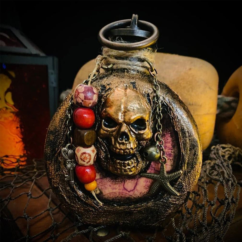 Skull Pirate Rum Bottle Resin 227ml Brown Decorative Flask for Camping Hiking Parties