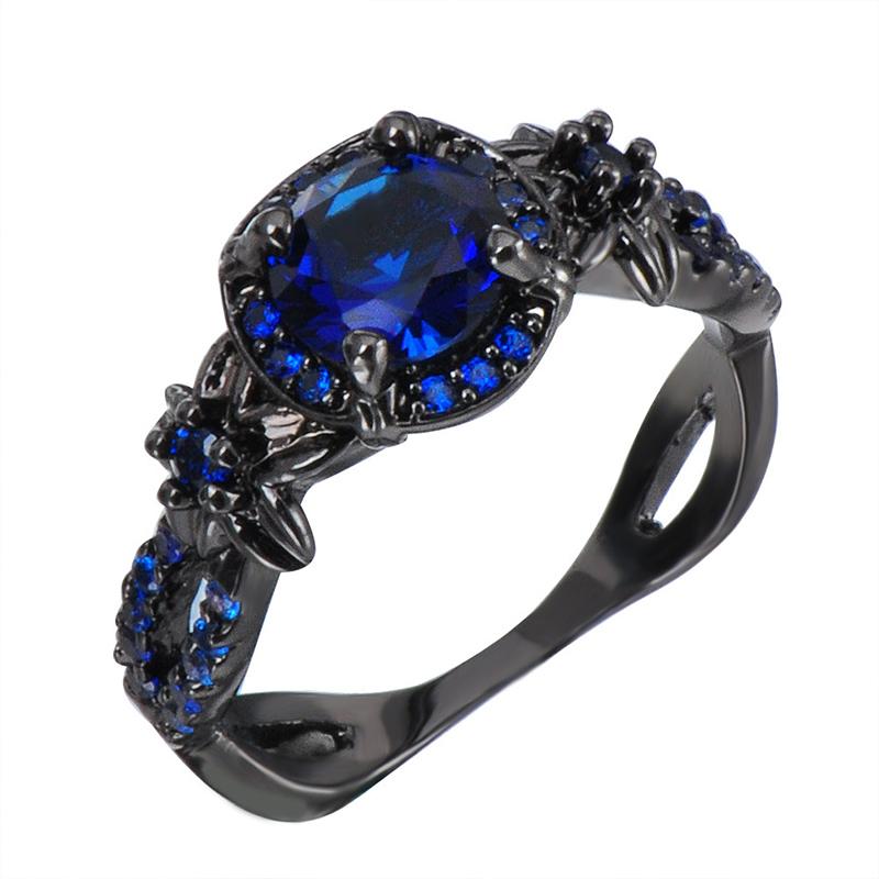 Vintage Black Sapphire Ring Copper Gold Plated Unisex Artificial Stone Round Band